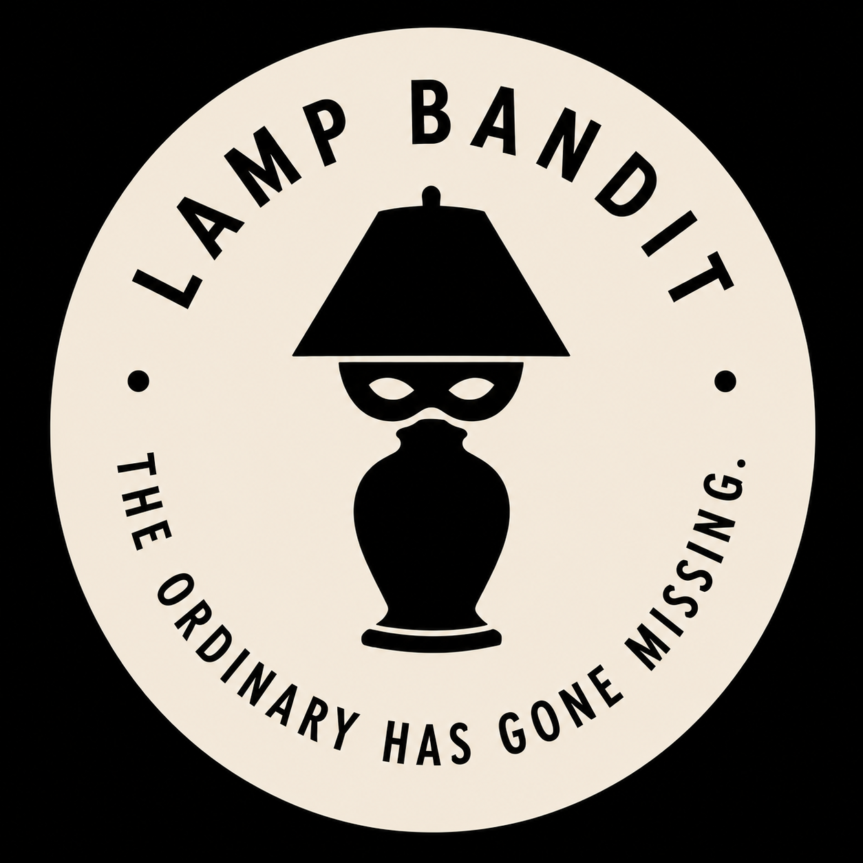 Logo of Lamp Bandit with a lamp wearing a mask on a beige circle with text.